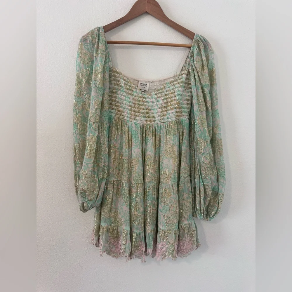 HEMANT & NANDITA Sidra Mini Dress Metallic Babydoll Flowy Sleeves XS ^FLAW* - Picture 1 of 11